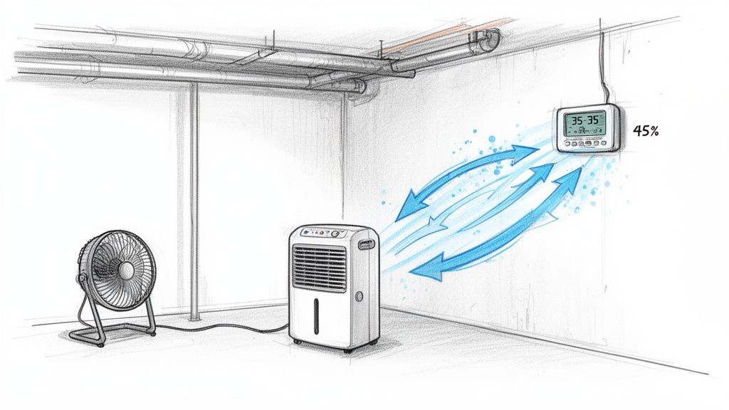A basement scene with a dehumidifier, a fan, and a display showing 45% humidity for moisture control.