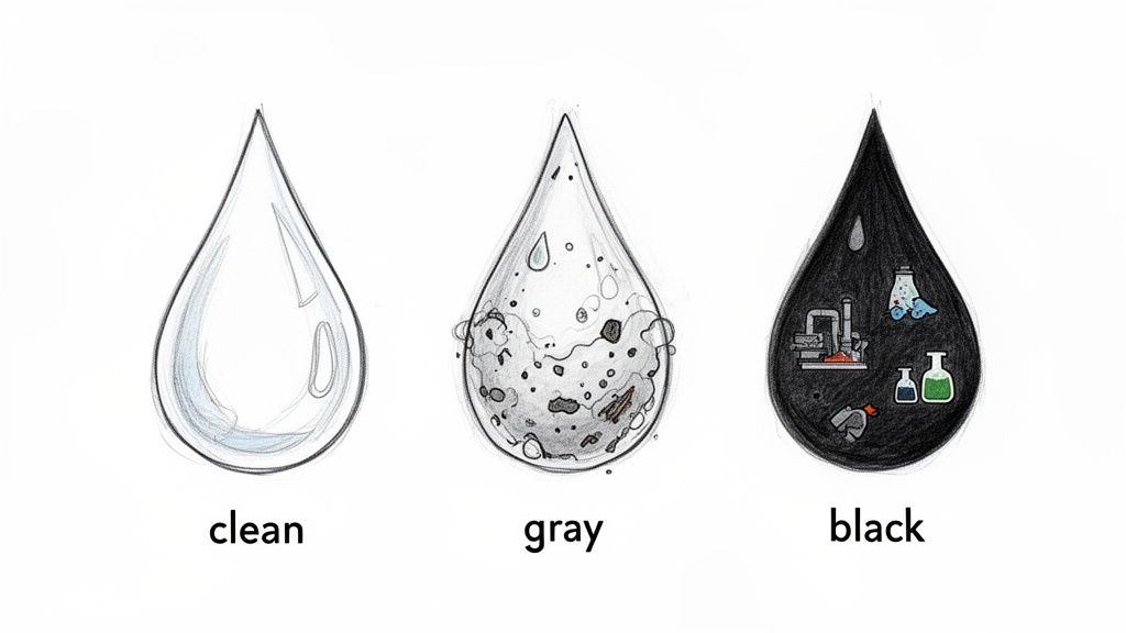 Three water droplets illustrate clean, gray (dirty), and black (polluted) water types.