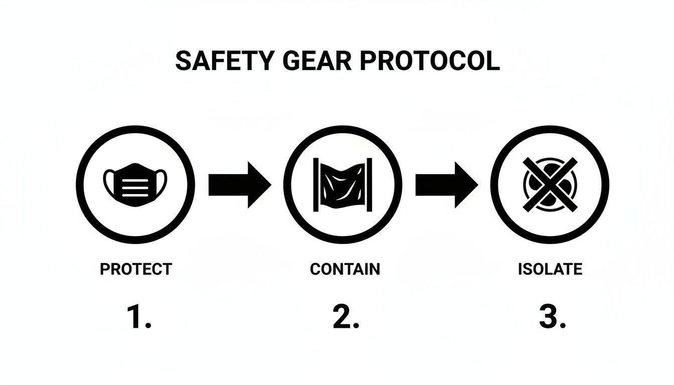 Infographic illustrating safety gear protocol: wear mask, contain items, and do not wash.