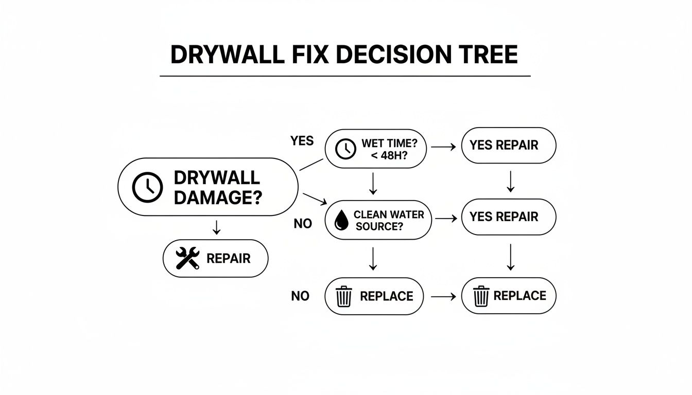 A flowchart titled 'Drywall Fix Decision Tree' guiding whether to repair or replace drywall based on damage type.
