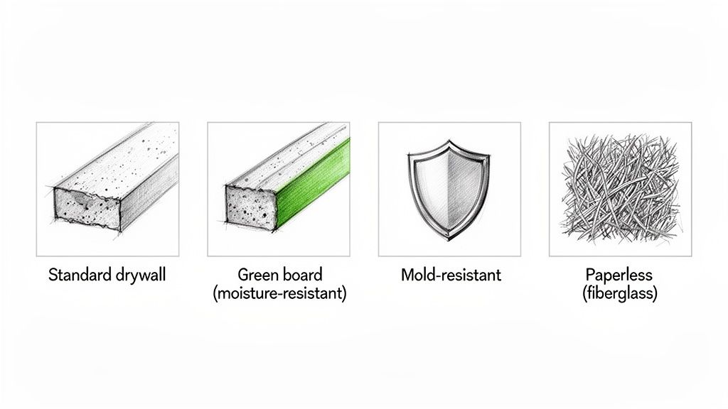 Illustrates four types of drywall: standard, green (moisture-resistant), mold-resistant, and paperless (fiberglass).