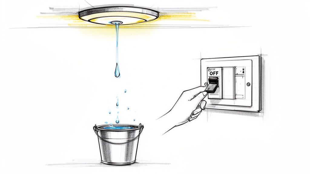 A hand turns off an electrical switch as water leaks from a ceiling light into a bucket.