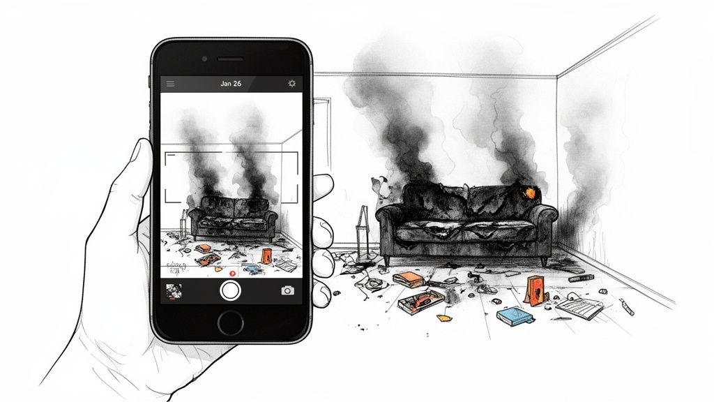 Hand holding phone taking picture of a burnt, smoking couch after a house fire.