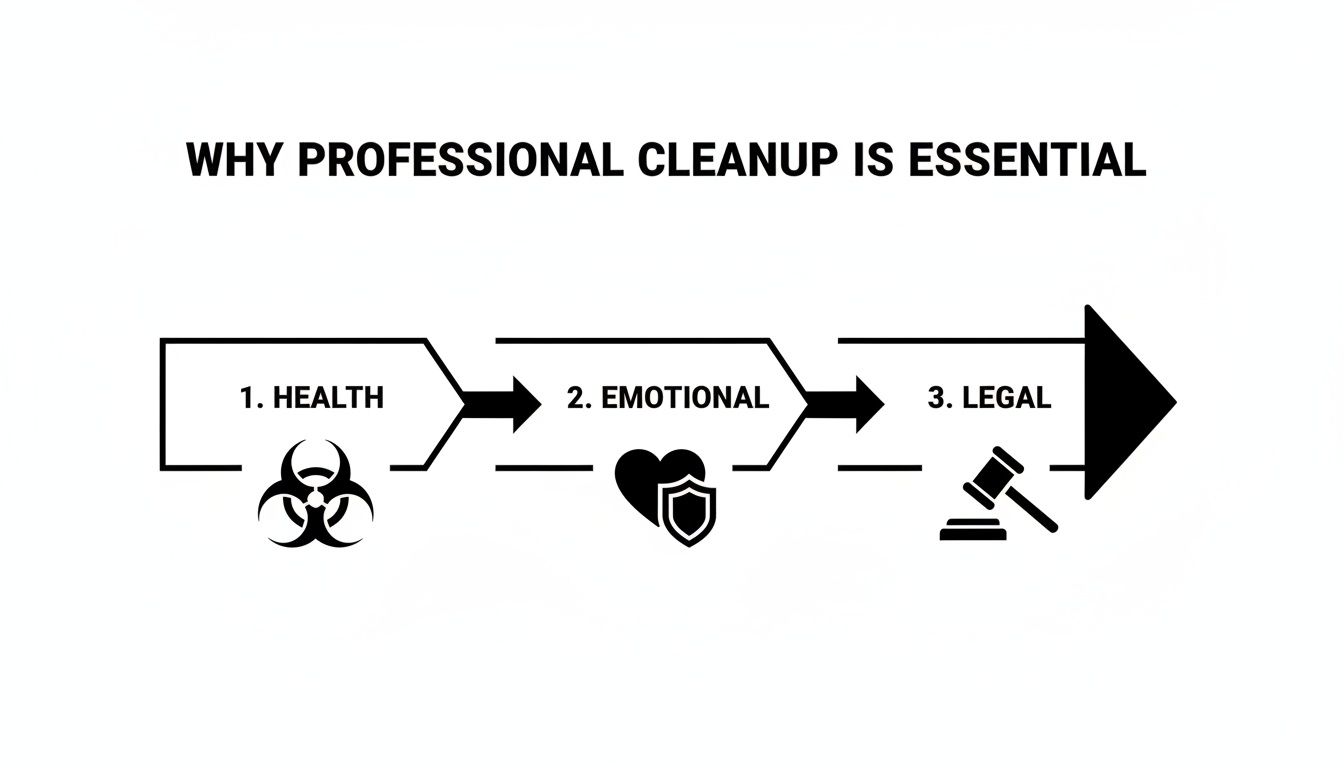 Flowchart illustrating why professional cleanup is essential, highlighting health, emotional, and legal benefits.