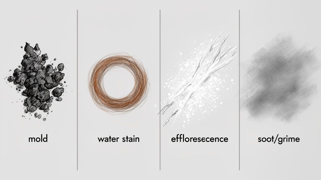 Illustrations comparing common types of surface damage: mold, water stain, efflorescence, and soot/grime.