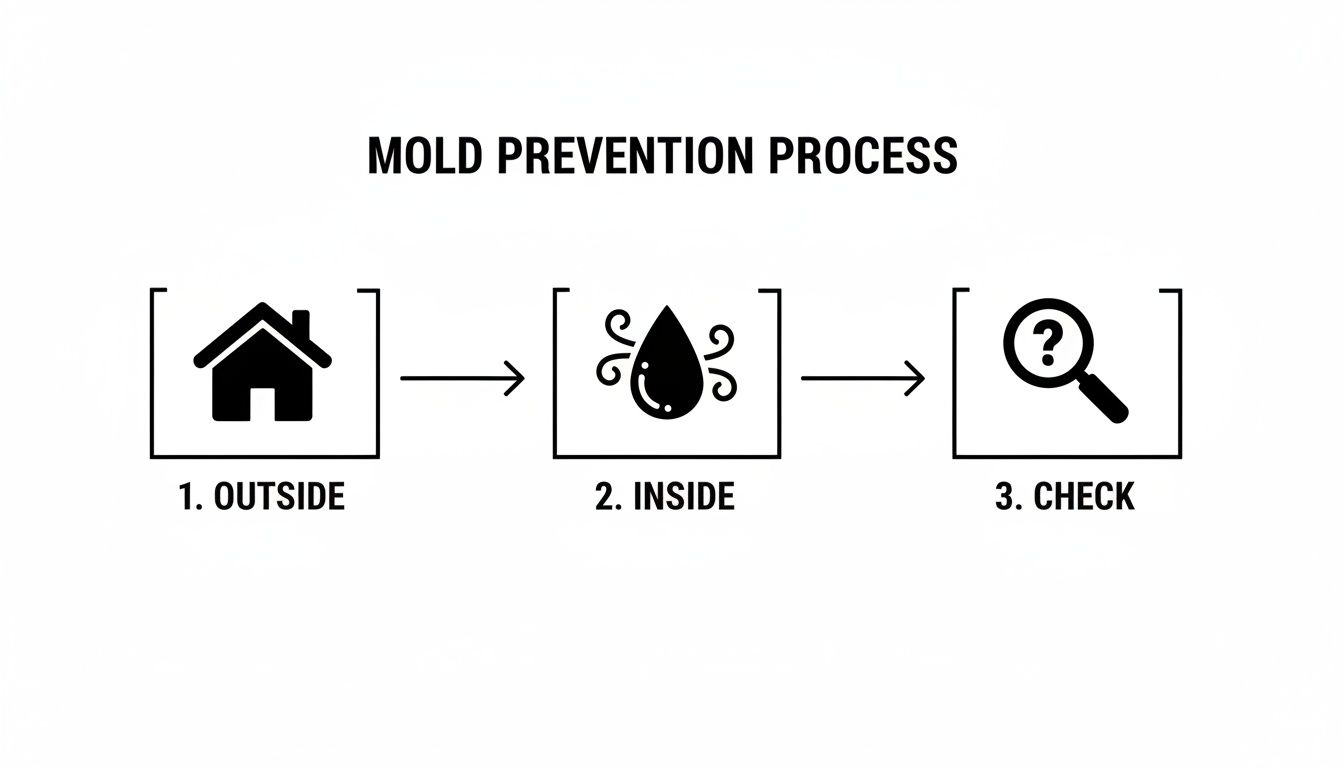 A three-step diagram outlining the mold prevention process: 1. Outside, 2. Inside, and 3. Check.