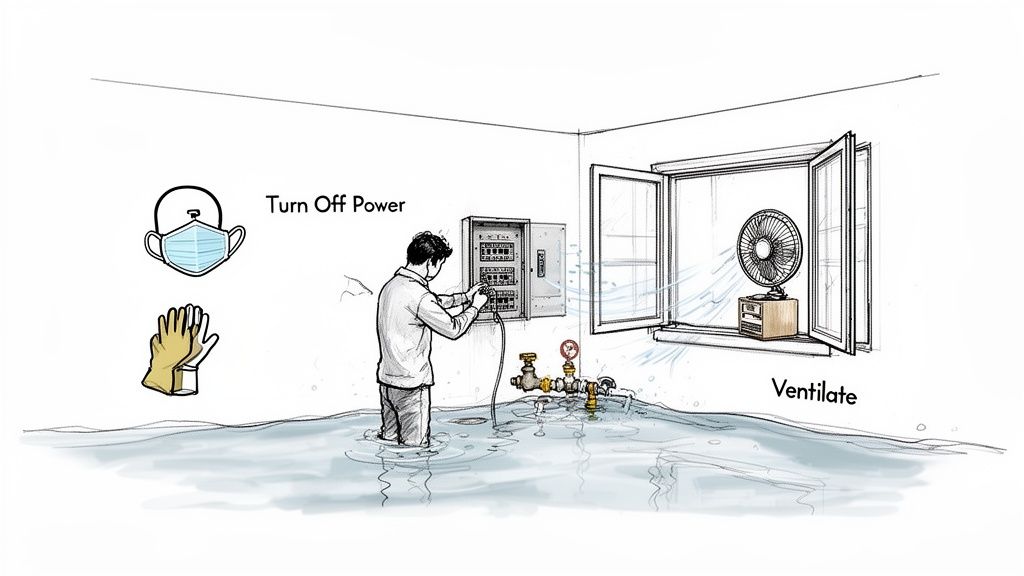 A person in a flooded room turns off power at a breaker box, emphasizing safety gear and ventilation.