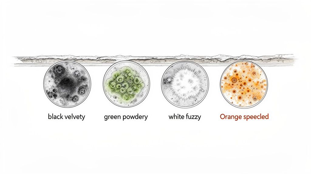 Four illustrations showing different types of mold: black velvety, green powdery, white fuzzy, and orange speckled.