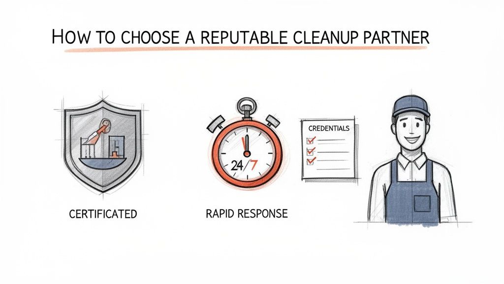 A guide on how to choose a reputable cleanup partner, emphasizing certification, rapid response, and qualified staff.