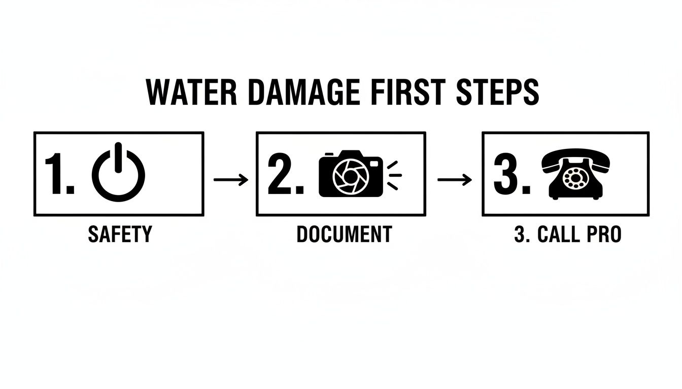 A graphic outlining three first steps for water damage: 1. Safety, 2. Document with a camera, 3. Call Pro with a phone.