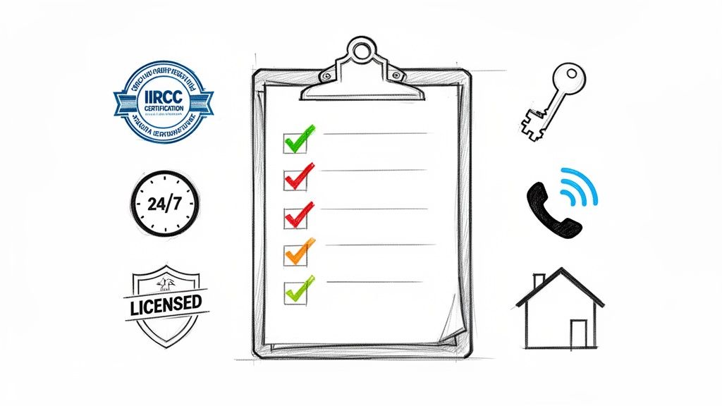 Icons representing 24/7, licensed, IICRC certified water damage mitigation services, key, phone, and house.