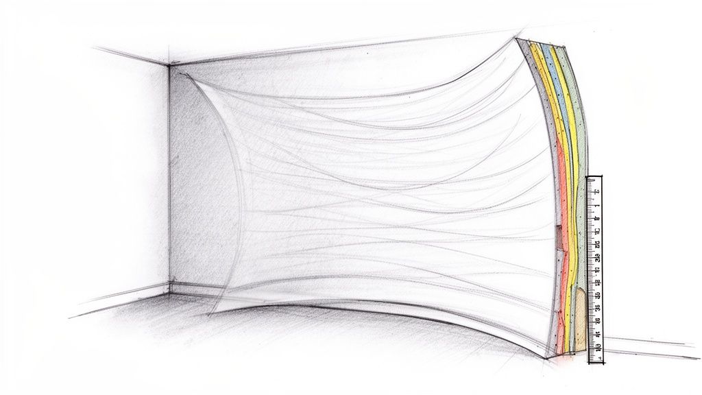 Architectural sketch showing a curved wall section with multiple colored layers and a ruler for scale.