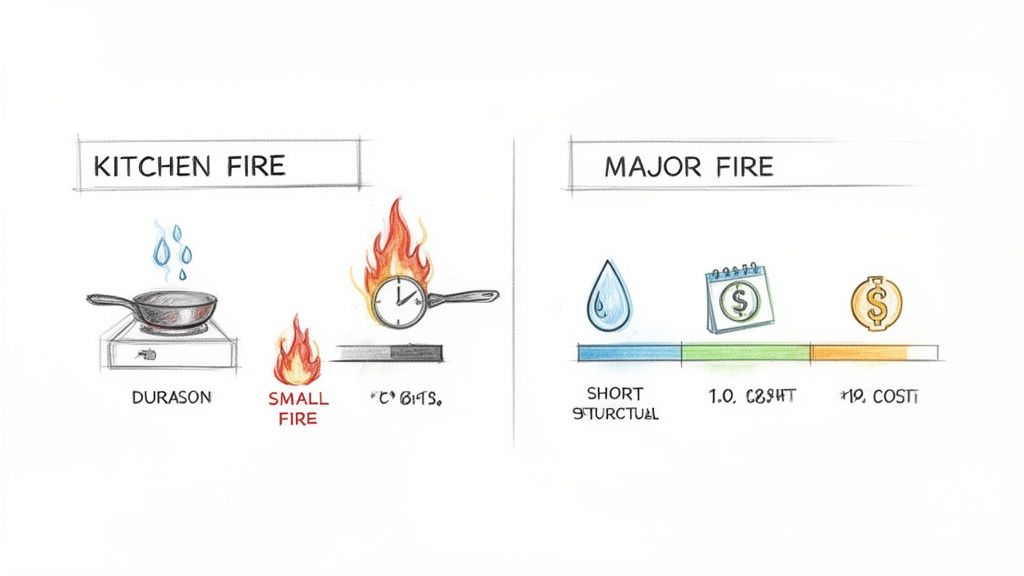 Diagram contrasting small kitchen fires with major fires, illustrating duration, severity, and escalating costs.