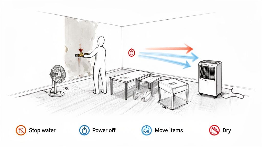 Illustration of steps for water damage cleanup: stopping a leak, turning off power, moving items, and drying with a dehumidifier.