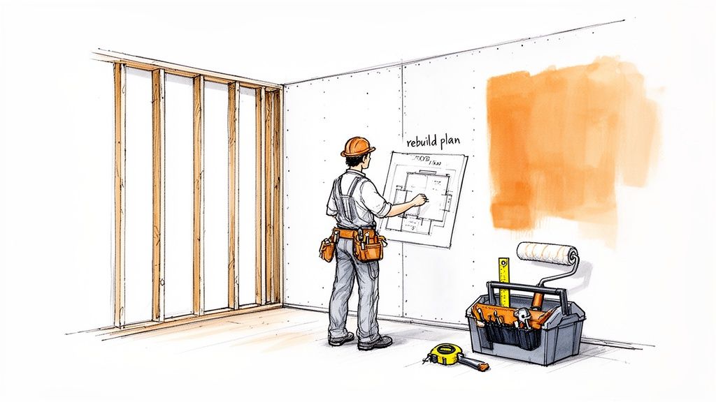 A construction worker in a hard hat reviews a rebuild plan blueprint on a wall, showing new construction.