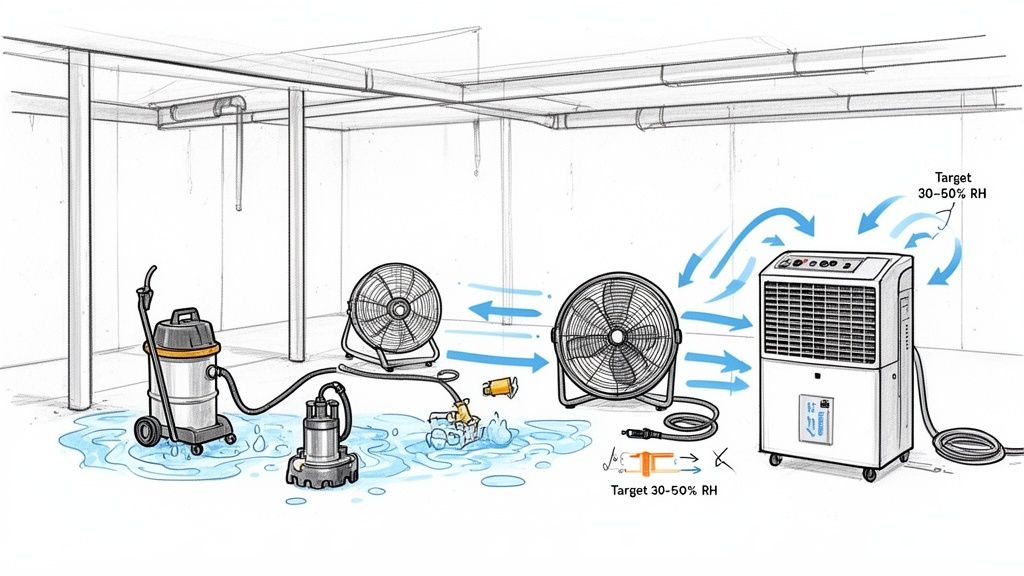 Basement flood cleanup with wet vacuum, pump, fans, and dehumidifier to reach 30-50% RH.