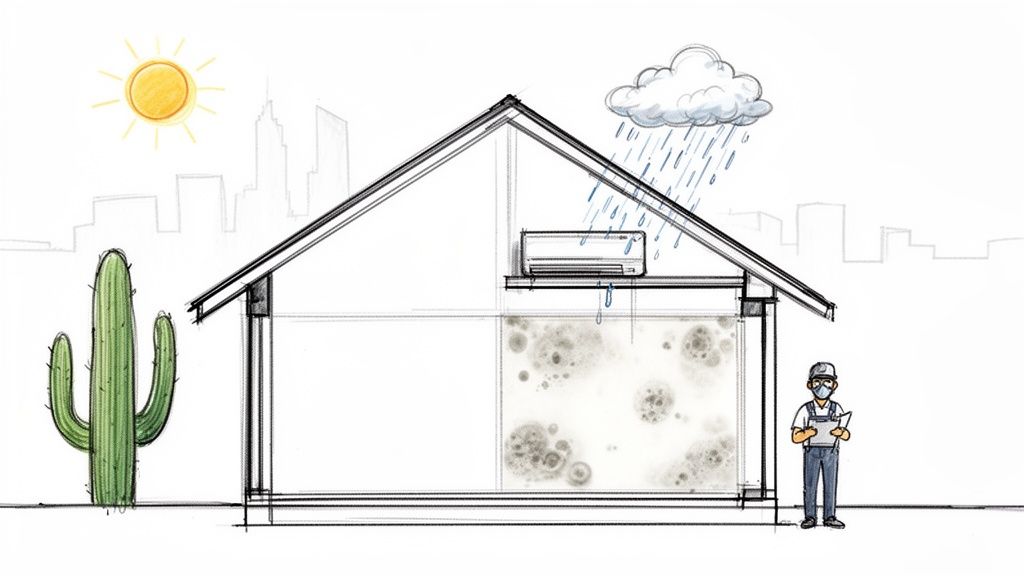 Architectural sketch of a house cross-section showing significant mold growth, water damage from AC and rain, and an inspector.