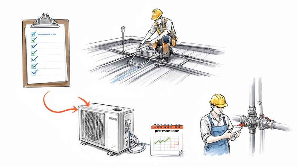 Workers perform commercial facility maintenance, inspecting rooftop systems, HVAC units, pipelines, and reviewing pre-monsoon checklists.