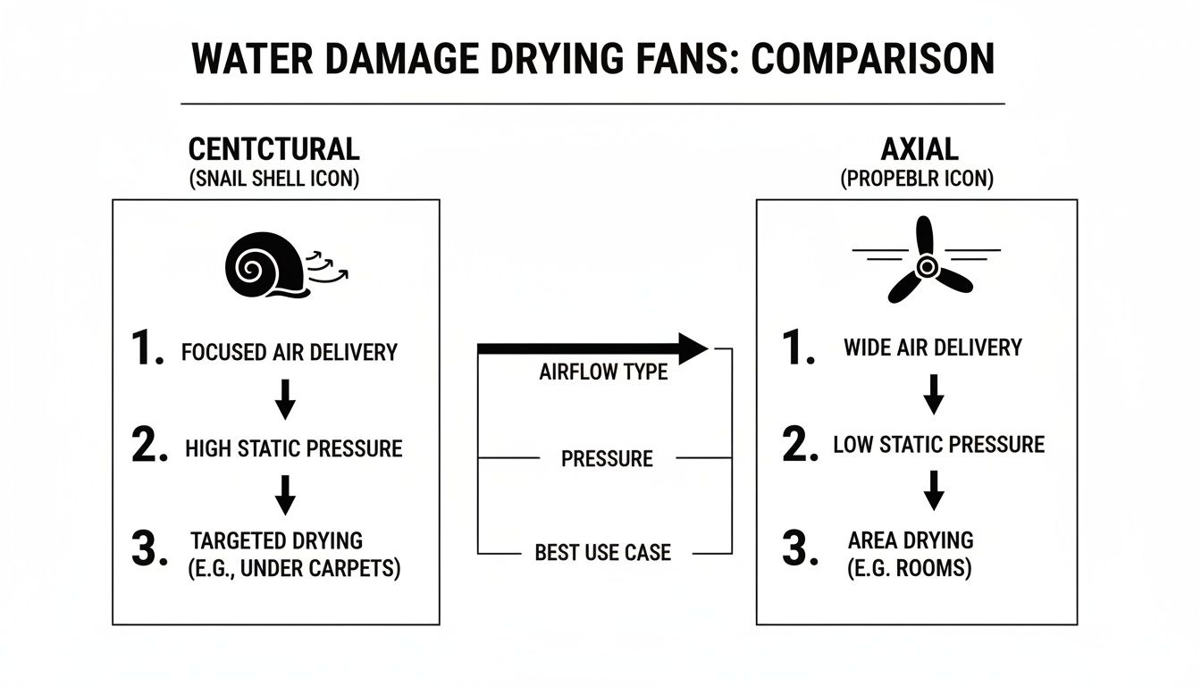 Comparison of centrifugal and axial fans for water damage drying, detailing airflow, pressure, and use cases.