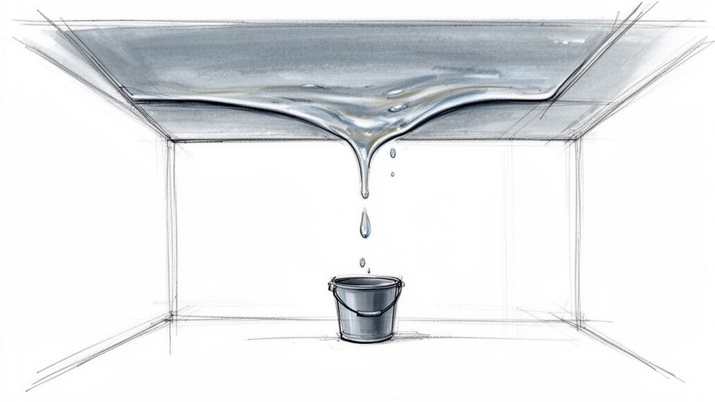 A drawing shows a bulging water-damaged ceiling with water dripping into a bucket.
