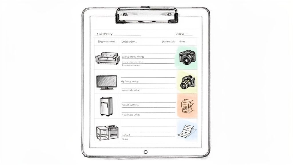 Hand-drawn sketch of a tablet displaying an inventory list of household items for an insurance claim.