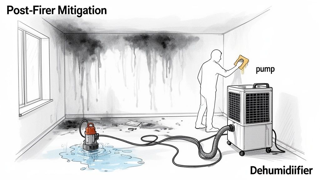 A room undergoing post-fire mitigation, showing a person cleaning soot, a pump removing water, and a dehumidifier.