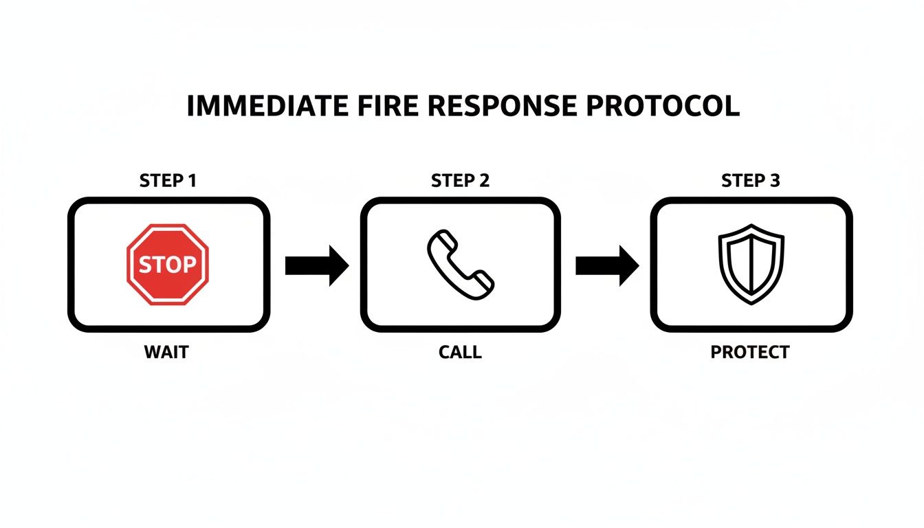 Flowchart illustrating an immediate fire response protocol with three steps: wait, call, and protect.