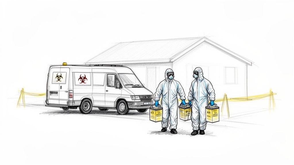 Two hazmat-suited workers carry biohazard containers near a van with biohazard symbols and a house.