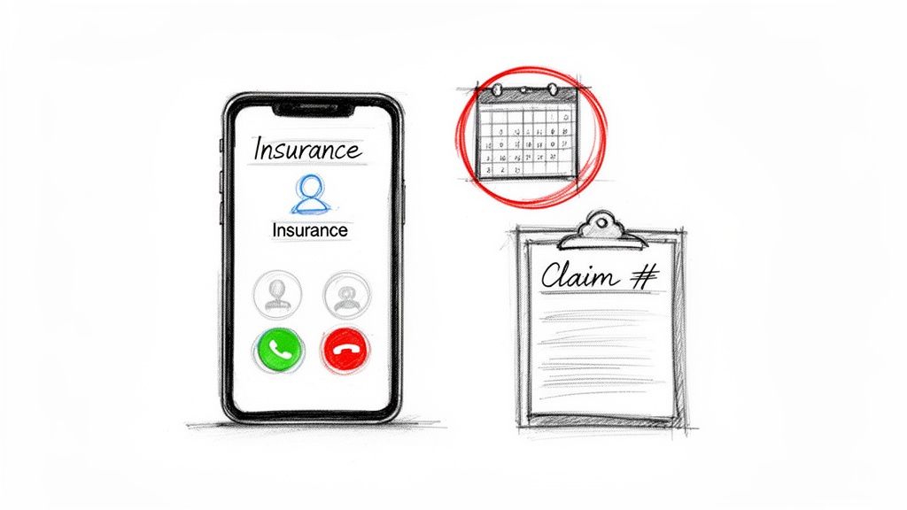 A sketch showing a smartphone calling 'Insurance,' a calendar with a red circle, and a clipboard with 'Claim #'.