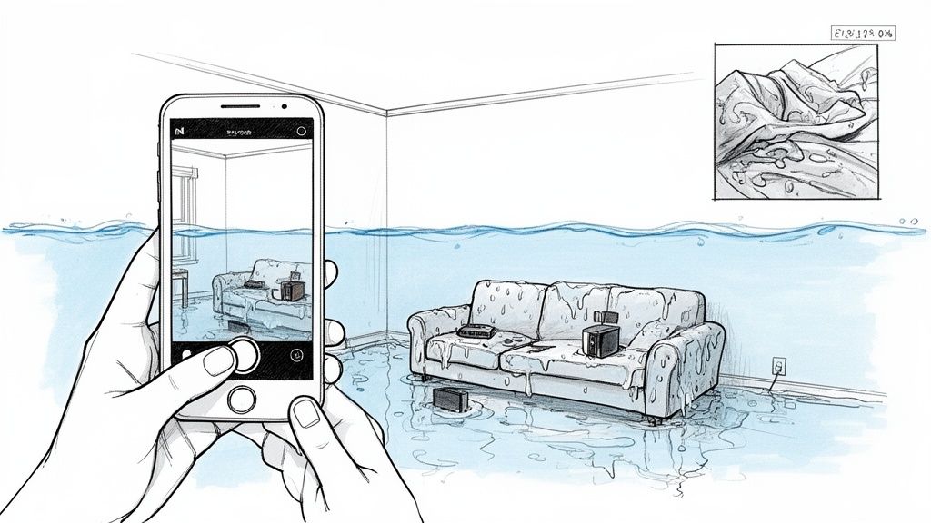 A person uses a smartphone to document a severely water-damaged living room with a submerged sofa.