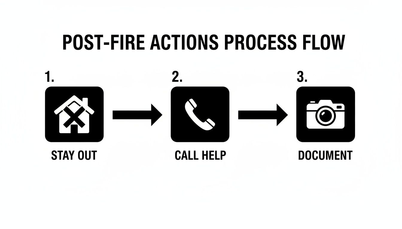 A three-step post-fire actions process flow: stay out, call for help, and document the damage.