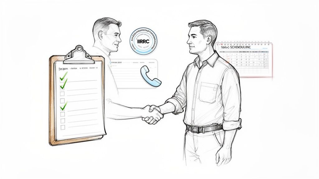Two men shaking hands, surrounded by a checklist, phone icon, and scheduling calendar, symbolizing business agreement.
