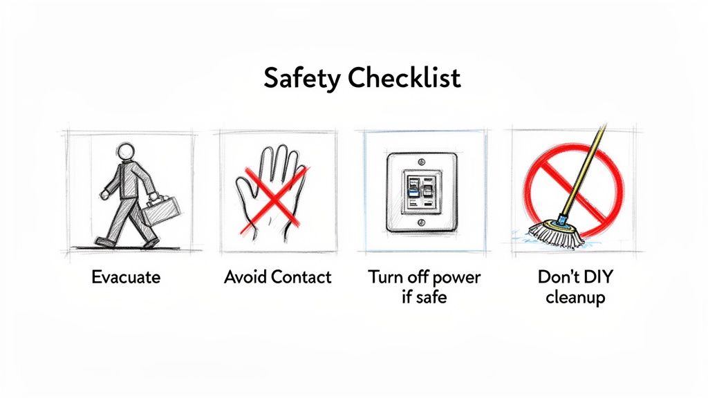 Safety Checklist illustrating steps for evacuation, avoiding contact, turning off power, and professional cleanup.