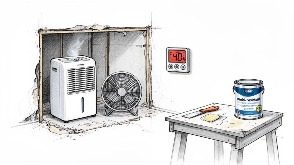 Equipment for mold remediation: a dehumidifier, fan, humidity monitor showing 40%, and mold-resistant paint.