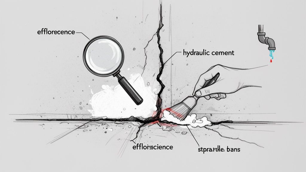 Illustration of a cracked wall with efflorescence, a magnifying glass, and a hand applying hydraulic cement to seal the leak.