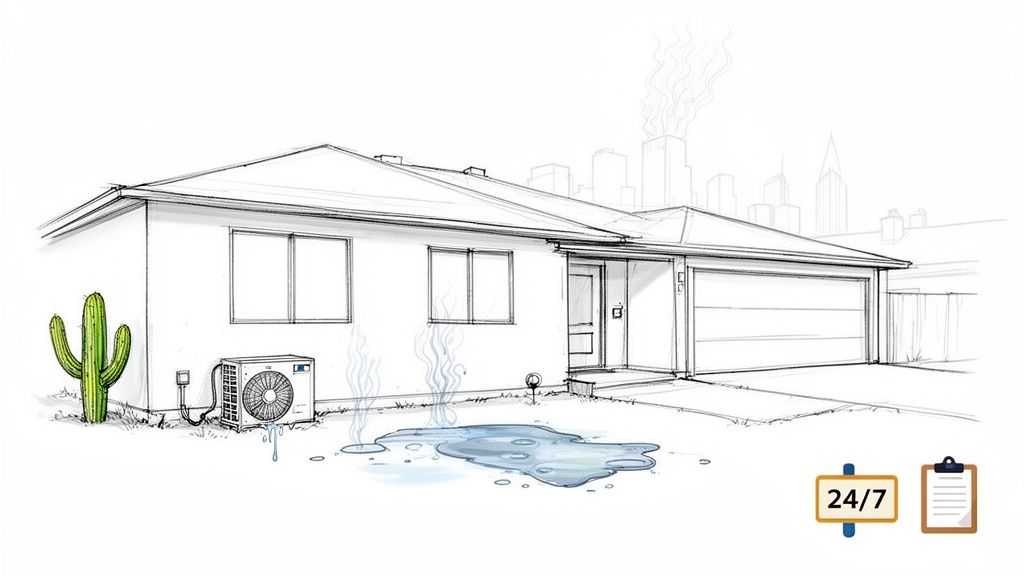 A sketched house with a leaking air conditioner, water on the ground, and steam, indicating a water problem.