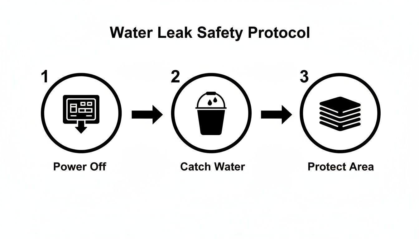 A water leak safety protocol flowchart illustrating three essential steps: Power Off, Catch Water, and Protect Area.