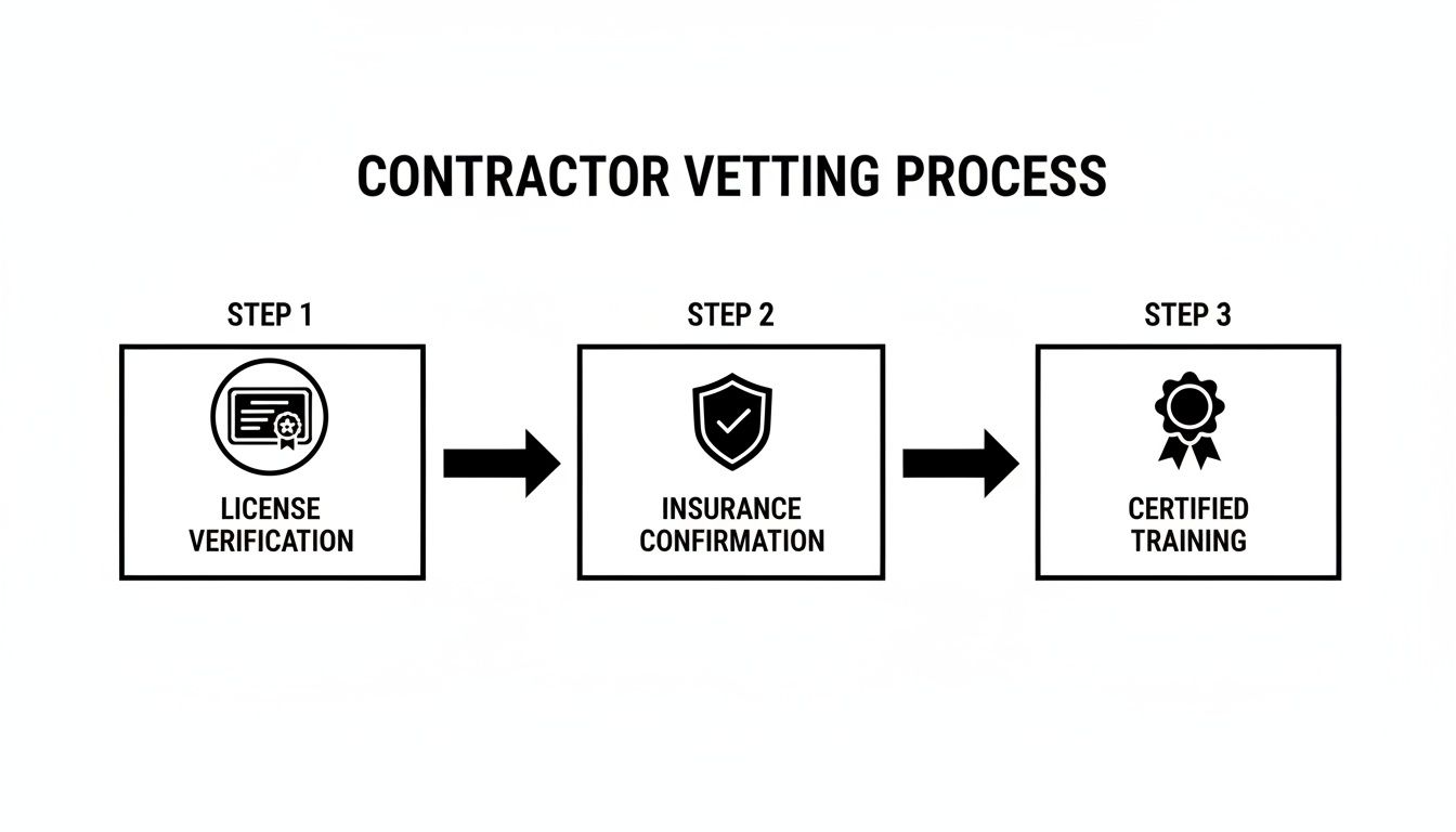 A contractor vetting process flowchart showing steps: license verification, insurance confirmation, and certified training.