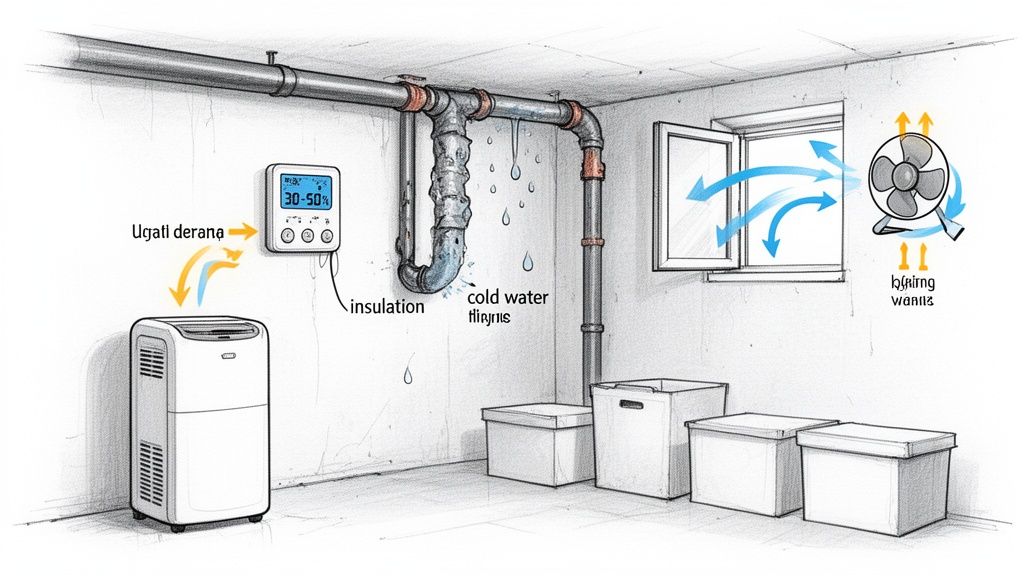 Illustration of a damp basement with a leaky pipe, dehumidifier, fan, and hygrometer showing humidity control methods.