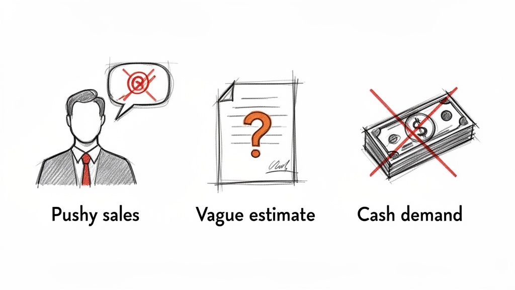 Three icons illustrating negative service aspects: pushy sales, vague estimates, and cash demands as red flags.