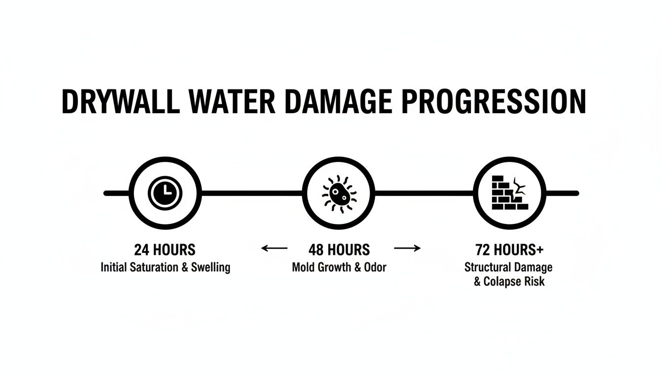 Timeline showing drywall water damage progression: initial saturation, mold growth, and structural damage.