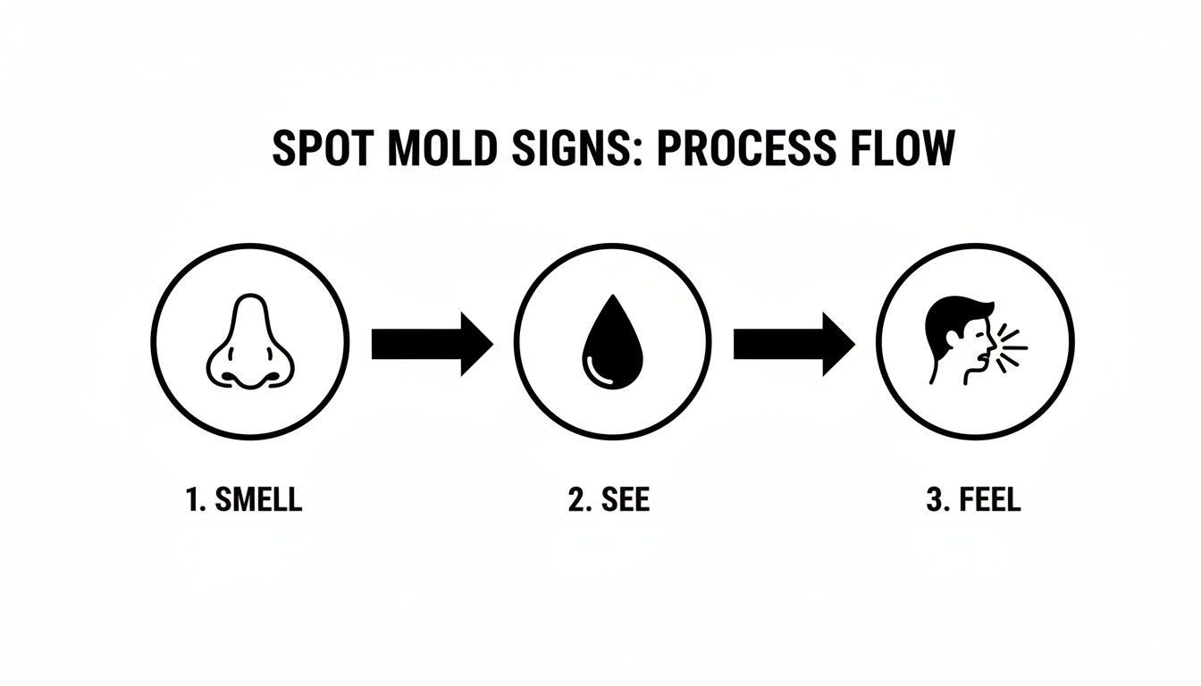 A flowchart showing how to spot mold signs: 1. Smell (nose icon), 2. See (water drop icon), 3. Feel (person coughing icon).