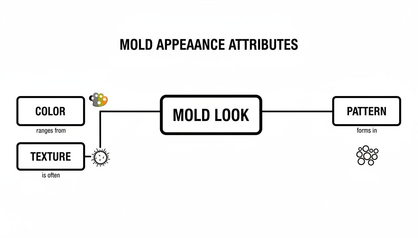 Flowchart illustrating mold appearance attributes including color, texture, and pattern.