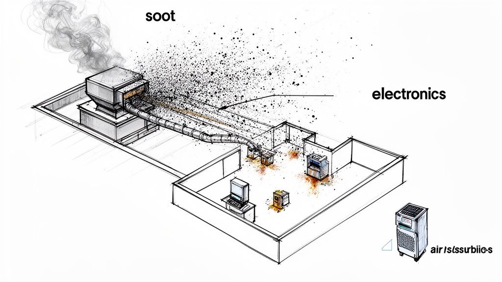 Soot from a rooftop vent contaminating electronics in an office building, illustrating air pollution damage.