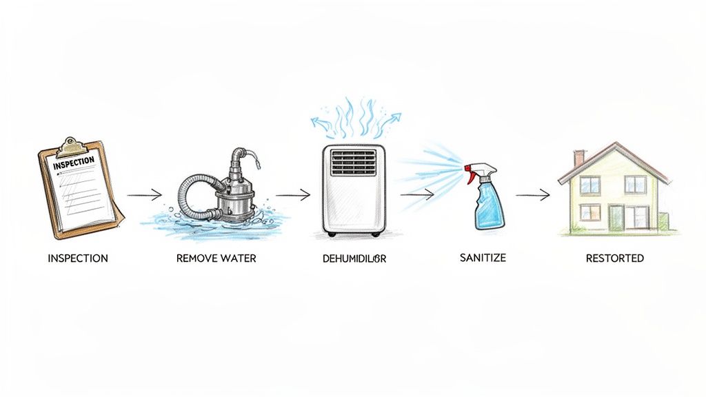 Illustration showing five steps of water damage restoration: inspection, water removal, dehumidifying, sanitizing, and restoration.