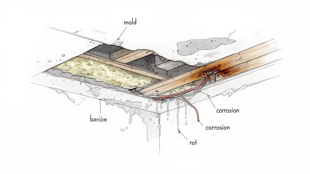 Illustration of a severe water leak from a ceiling showing mold, rot, corrosion, exposed wires, and insulation.