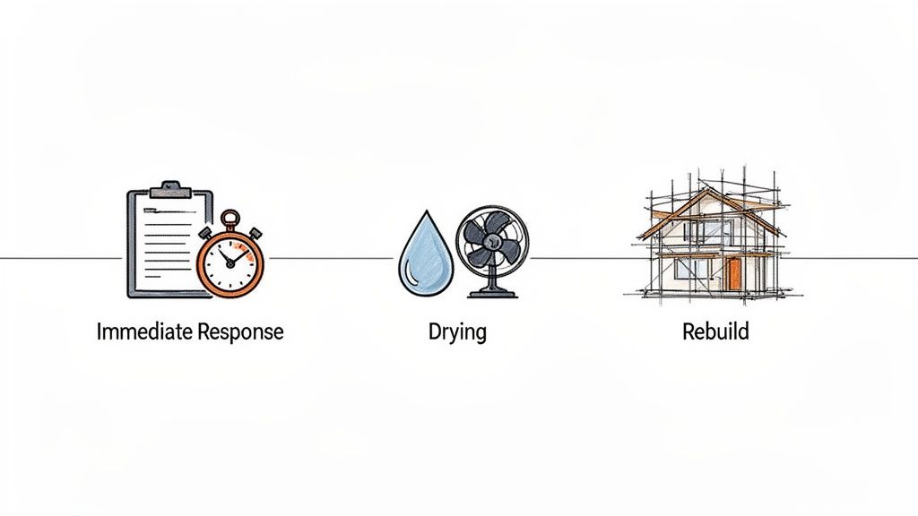 A three-step infographic for water damage restoration: immediate response, drying, and rebuilding.