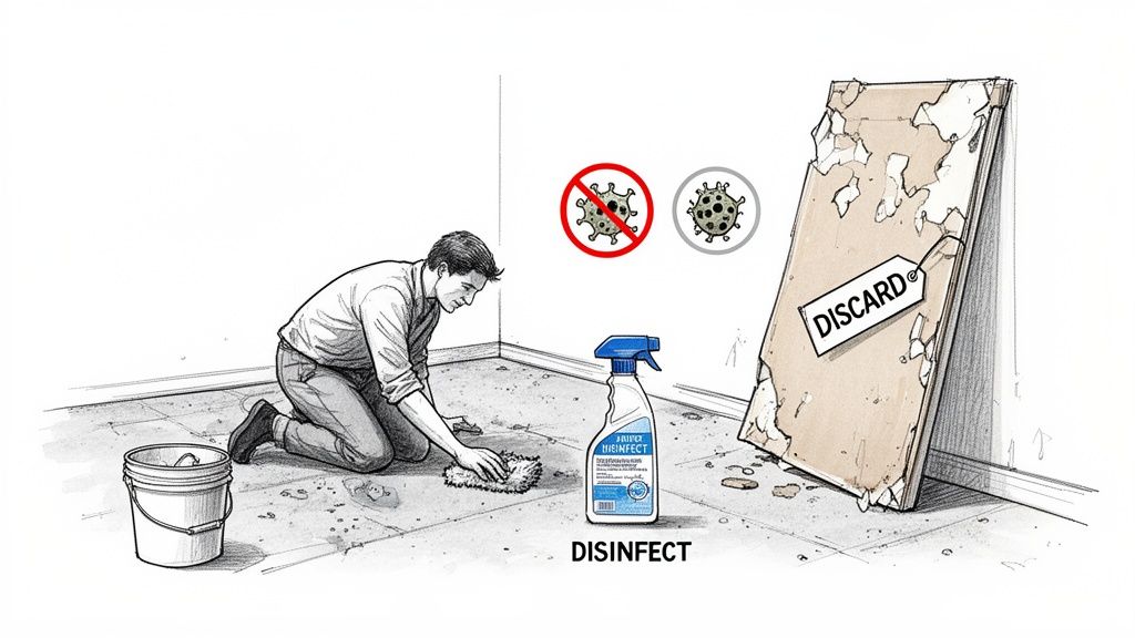 A man cleans and disinfects a dirty floor, discarding damaged drywall to eliminate microbes.