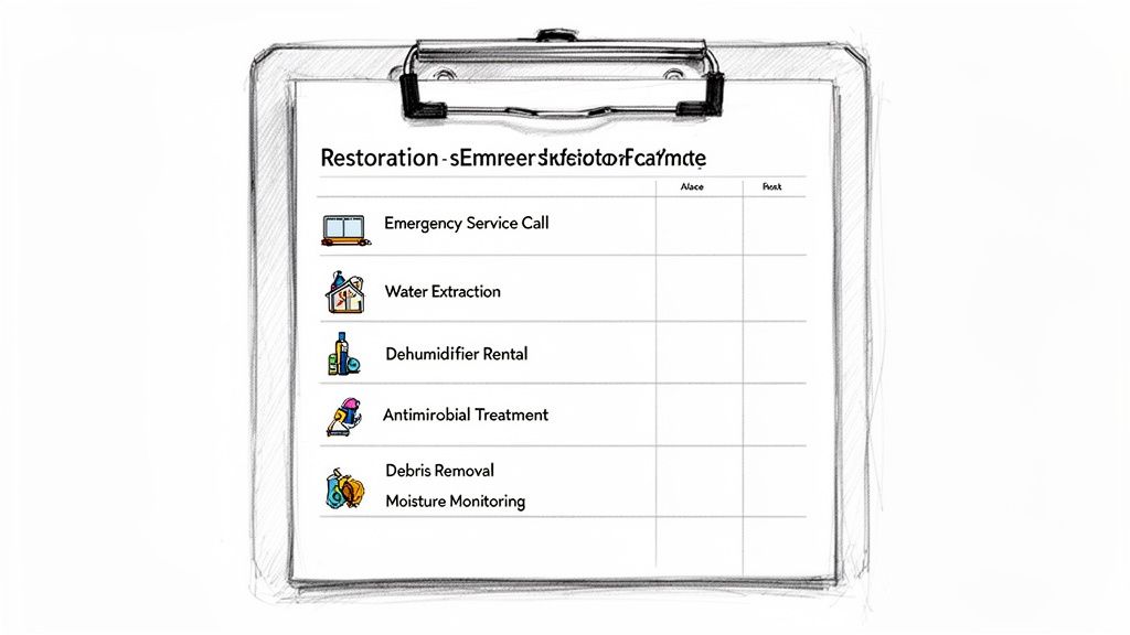 A hand-drawn clipboard displaying a detailed checklist for water damage restoration services.