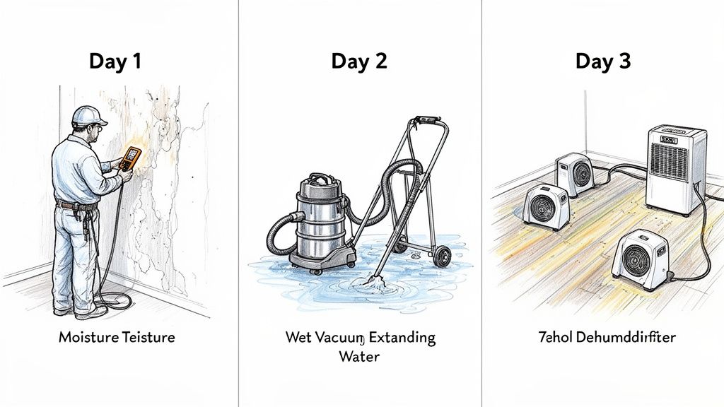 A three-day visual guide showing water damage restoration: moisture testing, water extraction, and drying equipment.